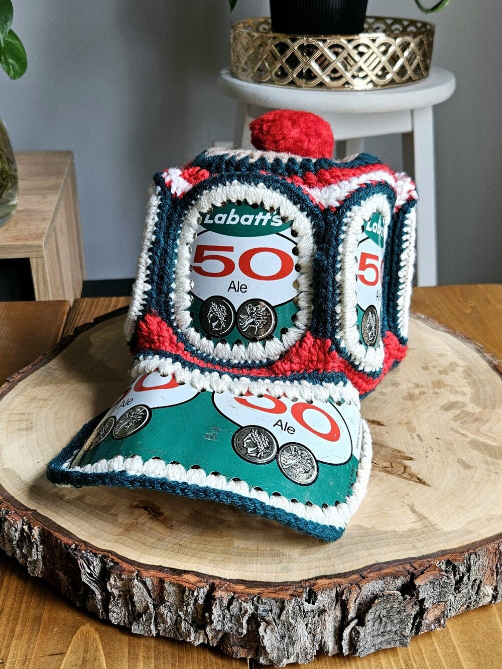 Rare Vintage Labatt 50 Beer Can Crochet Hat - 70's Canadiana